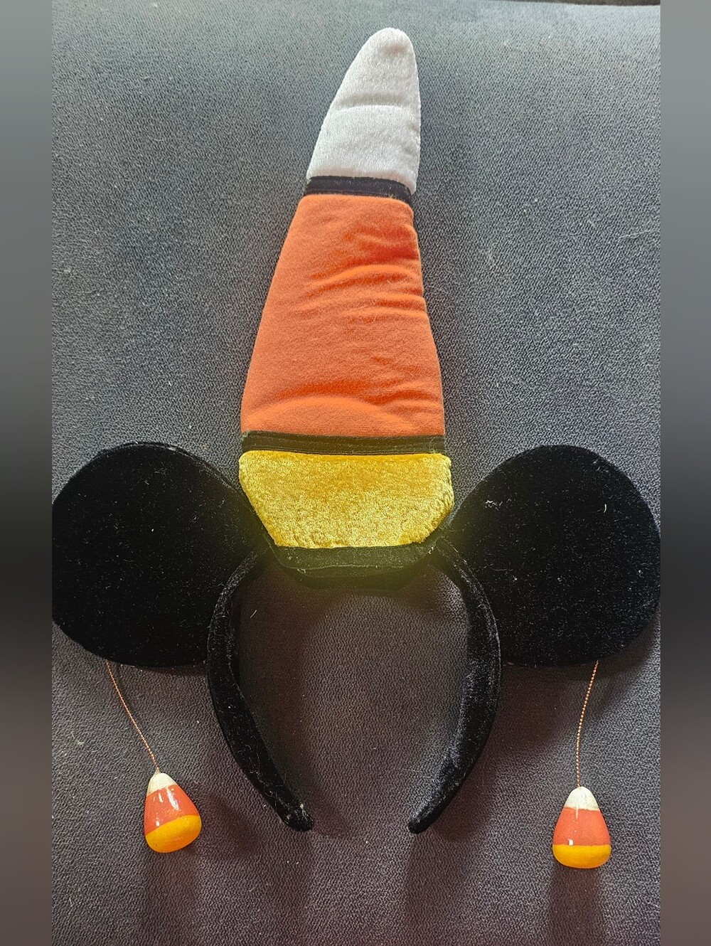 Velvet Candy Corn Mouse Ears Headband - Black & Orange
